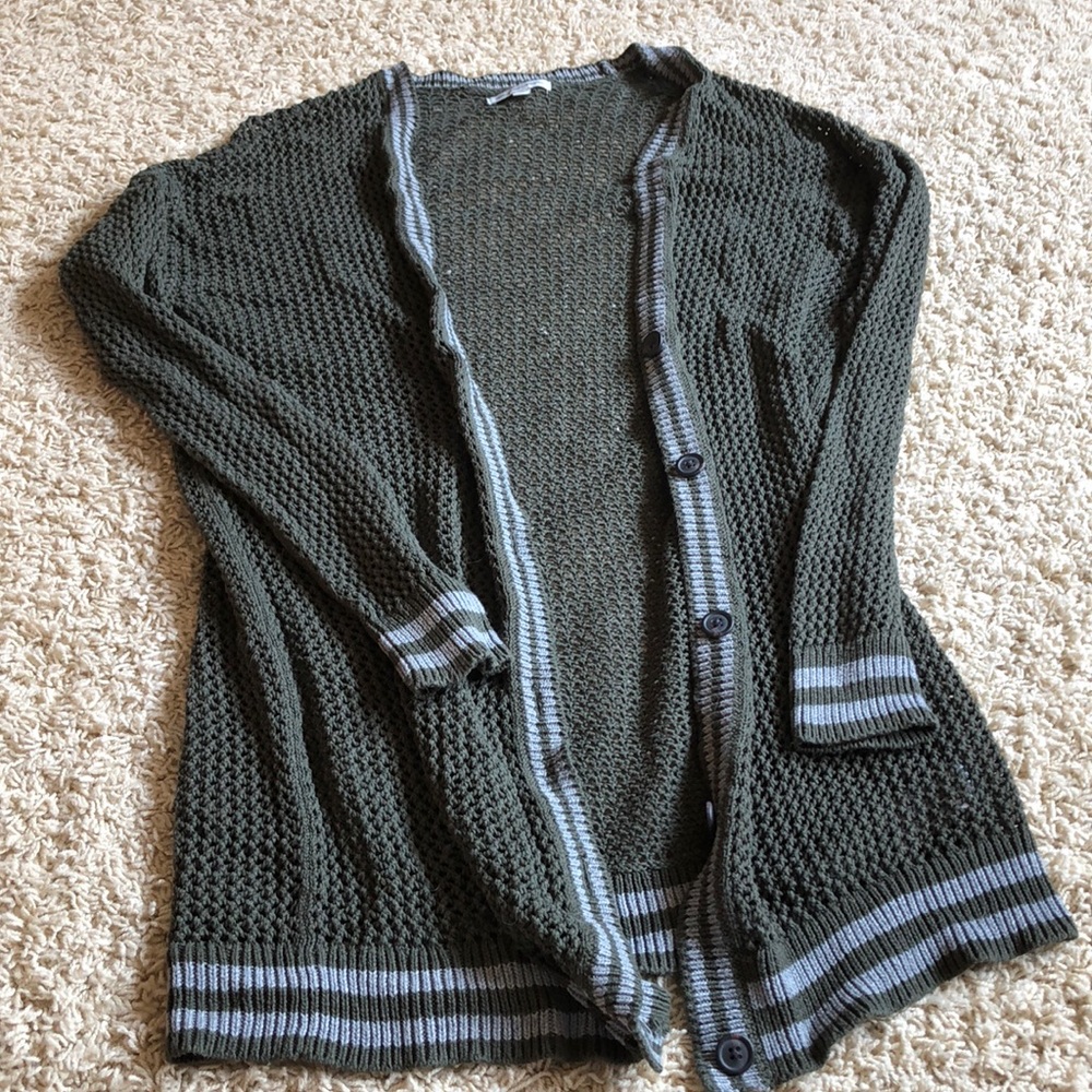Olive green cardigan.